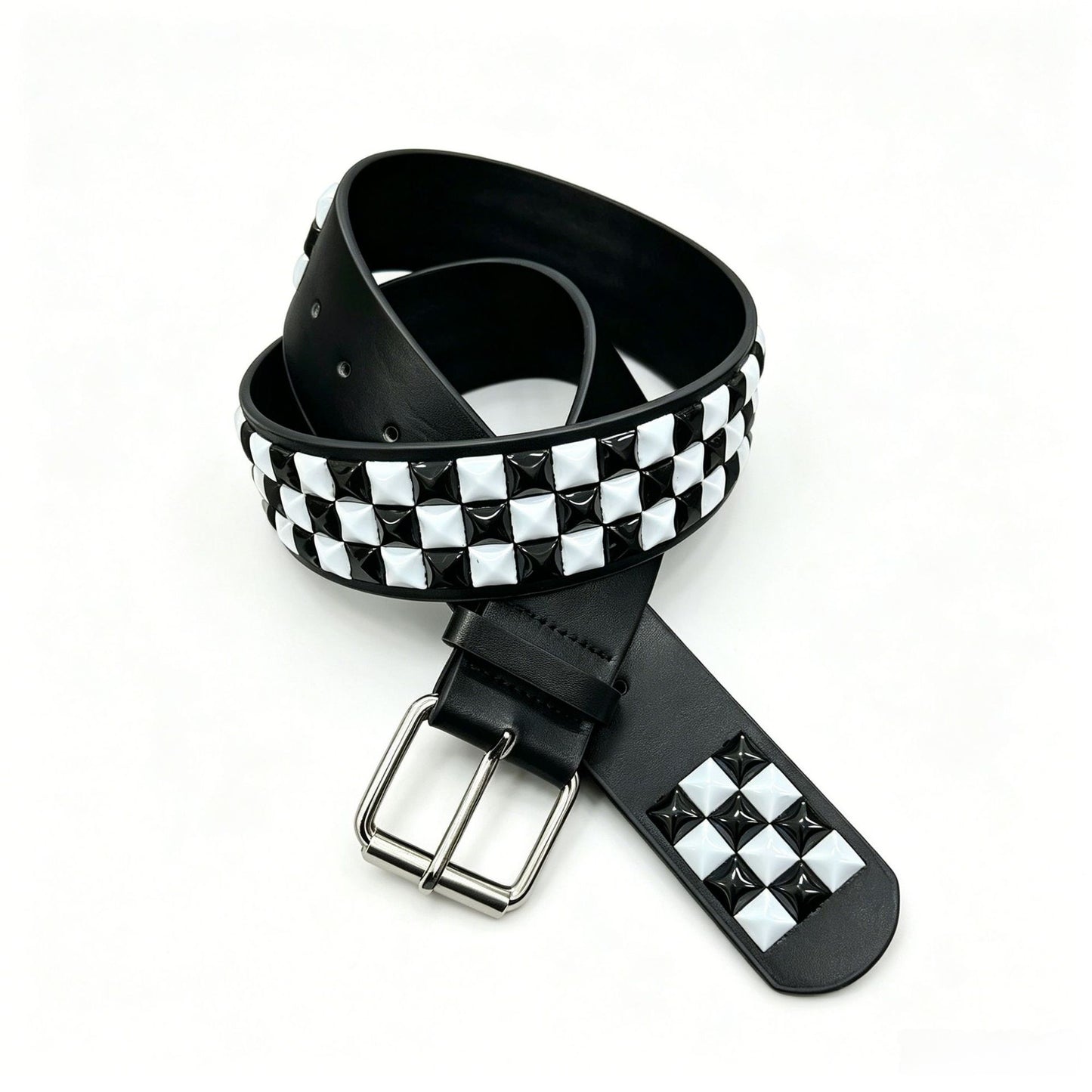 Unisex Checkered PU Leather Belt With Alloy Pin Buckle In Black & White