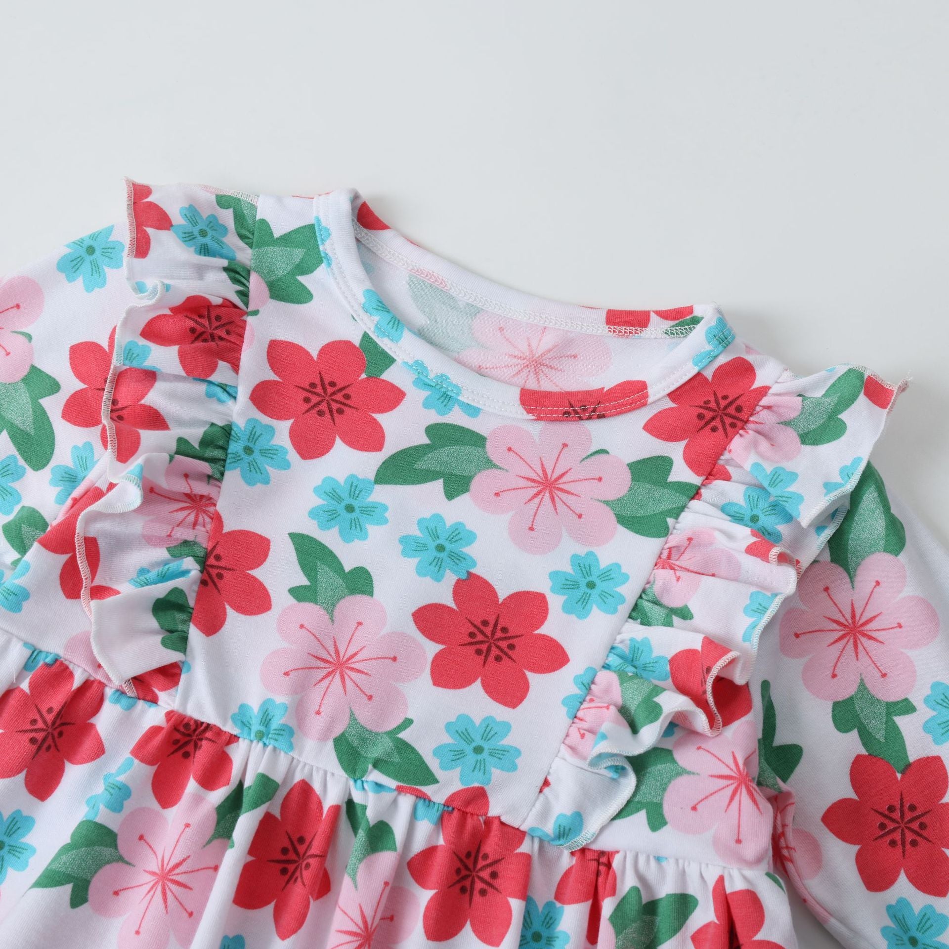 British Style Girls' Cotton Dress With Flowers Pattern Featuring Printing Craft In Multicolor And Long Sleeve