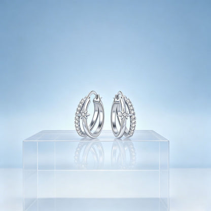 Starburst Hoop Earrings For Women In Silver, Copper With Real Gold Plated Finish And Zircon Inlay