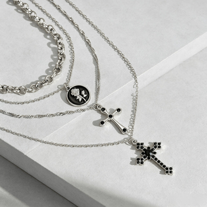 Vintage Style Handmade Cross Layered Necklaces For Women With Alloy Pendant, Mixed Materials Design