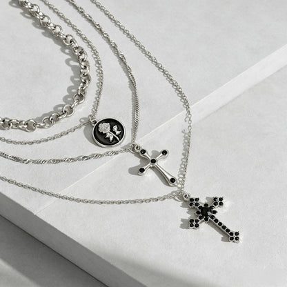 Vintage Style Handmade Cross Layered Necklaces For Women With Alloy Pendant, Mixed Materials Design