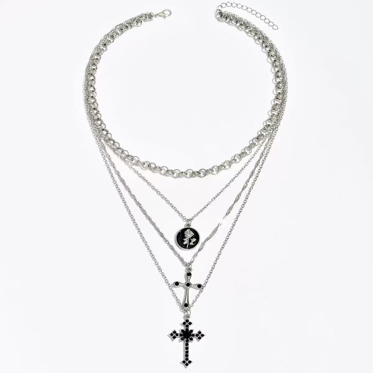 Vintage Style Handmade Cross Layered Necklaces For Women With Alloy Pendant, Mixed Materials Design