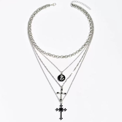 Vintage Style Handmade Cross Layered Necklaces For Women With Alloy Pendant, Mixed Materials Design
