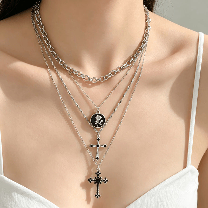 Vintage Style Handmade Cross Layered Necklaces For Women With Alloy Pendant, Mixed Materials Design