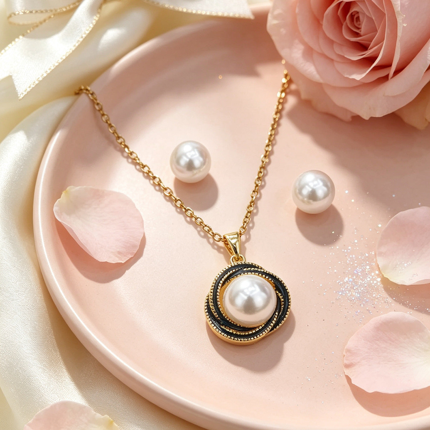 Women’s Pearl Pendant Necklace In Real Gold Plated Titanium Steel With Imitation Pearl On Cable Chain