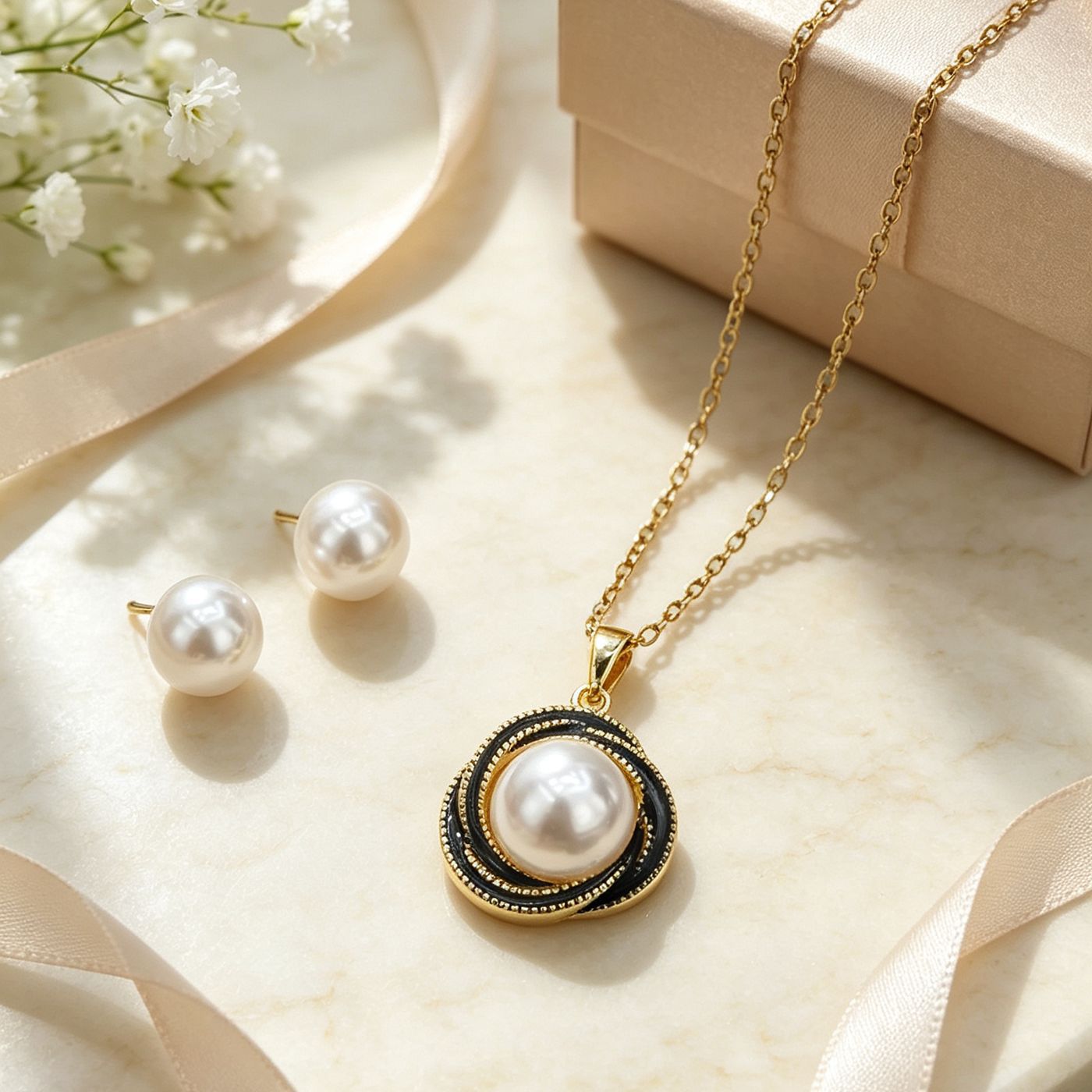 Women’s Pearl Pendant Necklace In Real Gold Plated Titanium Steel With Imitation Pearl On Cable Chain