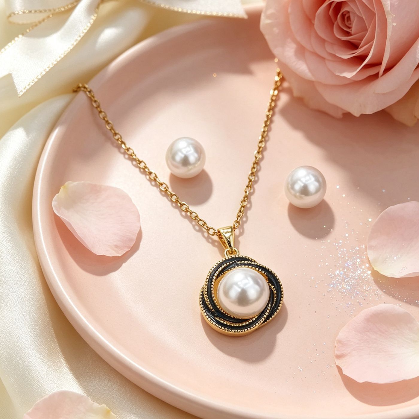 Women’s Pearl Pendant Necklace In Real Gold Plated Titanium Steel With Imitation Pearl On Cable Chain