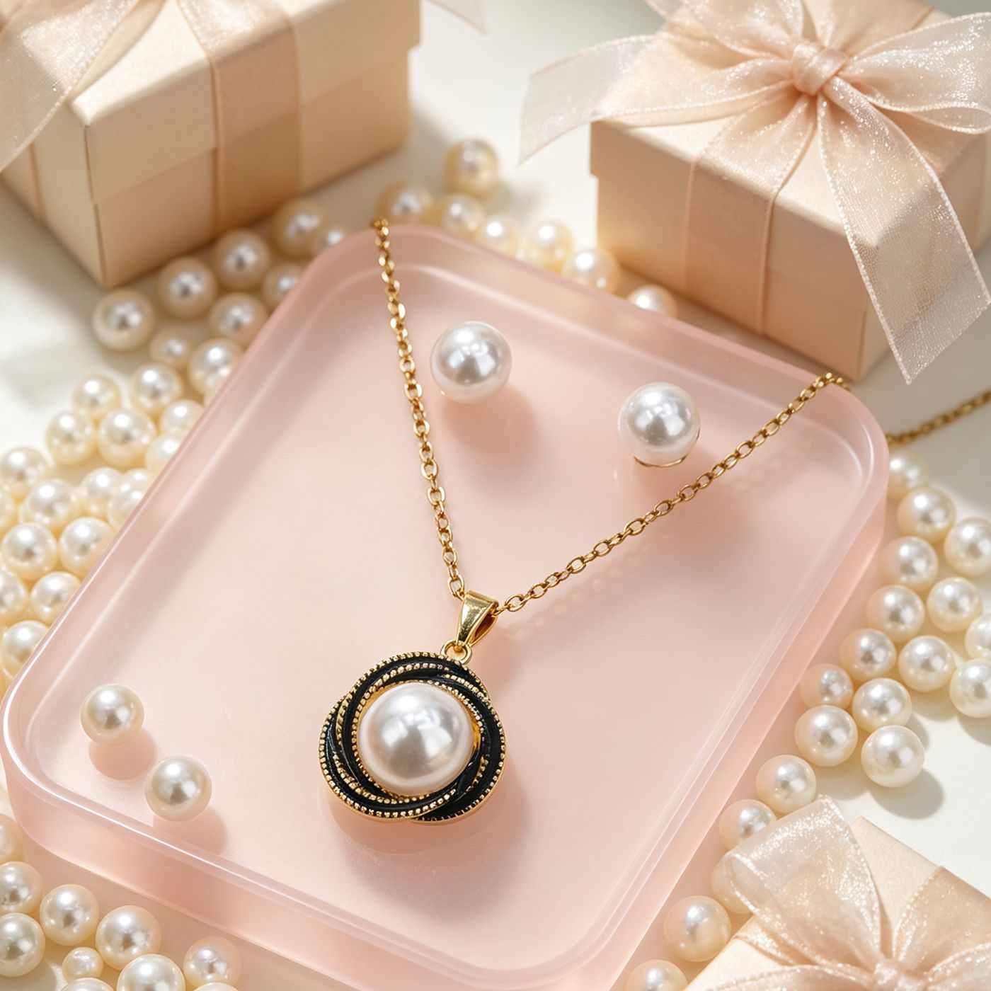 Women’s Pearl Pendant Necklace In Real Gold Plated Titanium Steel With Imitation Pearl On Cable Chain