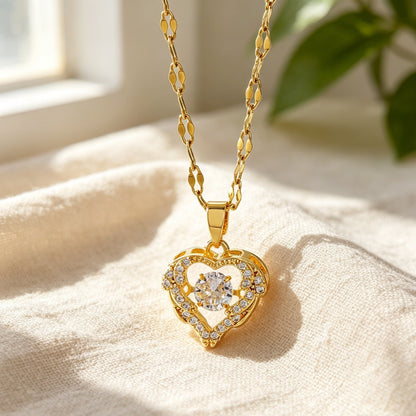 Heart Shape Pendant Necklace For Women In Titanium Steel With Electroplated Chain And Rhinestone Inlay
