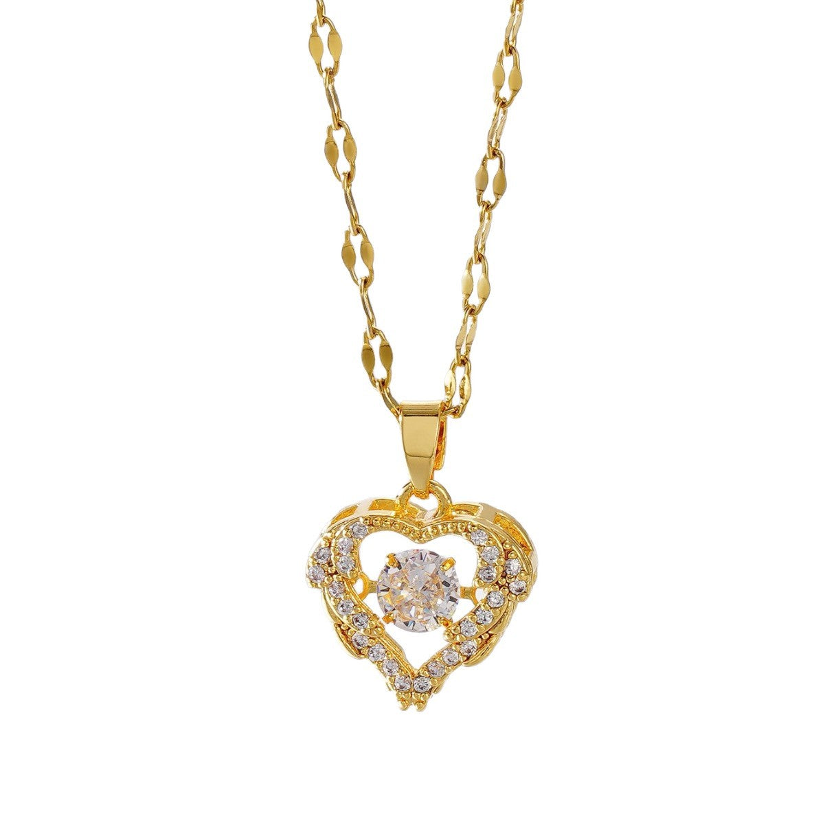 Heart Shape Pendant Necklace For Women In Titanium Steel With Electroplated Chain And Rhinestone Inlay