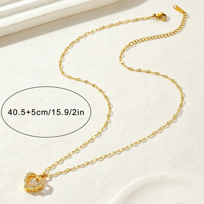 Heart Shape Pendant Necklace For Women In Titanium Steel With Electroplated Chain And Rhinestone Inlay