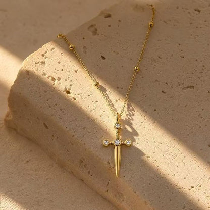 Retro Gold Cross Pendant Necklace For Women In Electroplated 304 Stainless Steel With Rhinestone Inlay