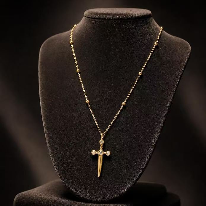 Retro Gold Cross Pendant Necklace For Women In Electroplated 304 Stainless Steel With Rhinestone Inlay