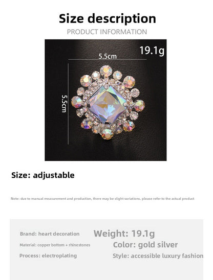 Exaggerated Square Open Ring For Women In Gold Alloy With Rhinestones Featuring Electroplated Finish