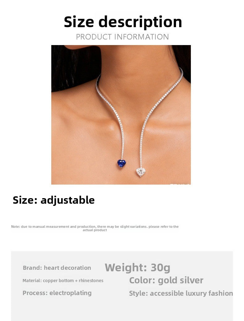 Heart Shape Tassel Choker Necklace For Women In Silver Alloy With Rhinestone Pendant