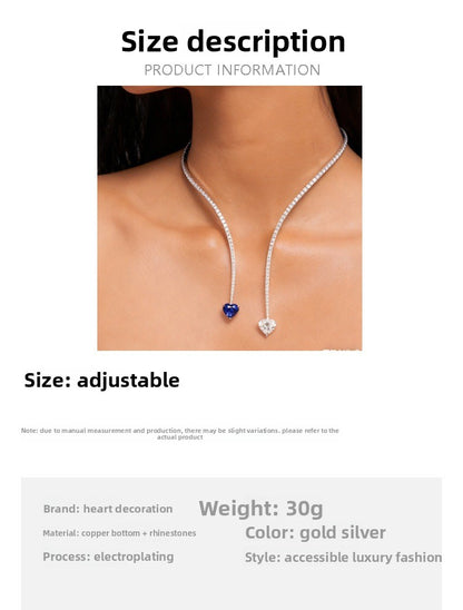 Heart Shape Tassel Choker Necklace For Women In Silver Alloy With Rhinestone Pendant