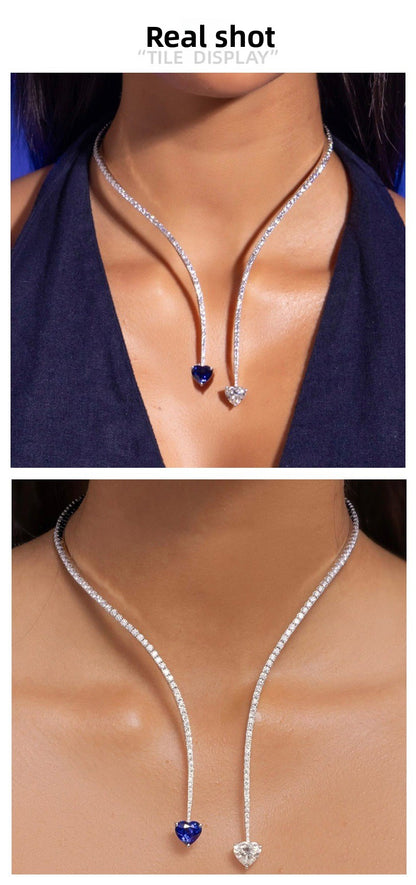 Heart Shape Tassel Choker Necklace For Women In Silver Alloy With Rhinestone Pendant