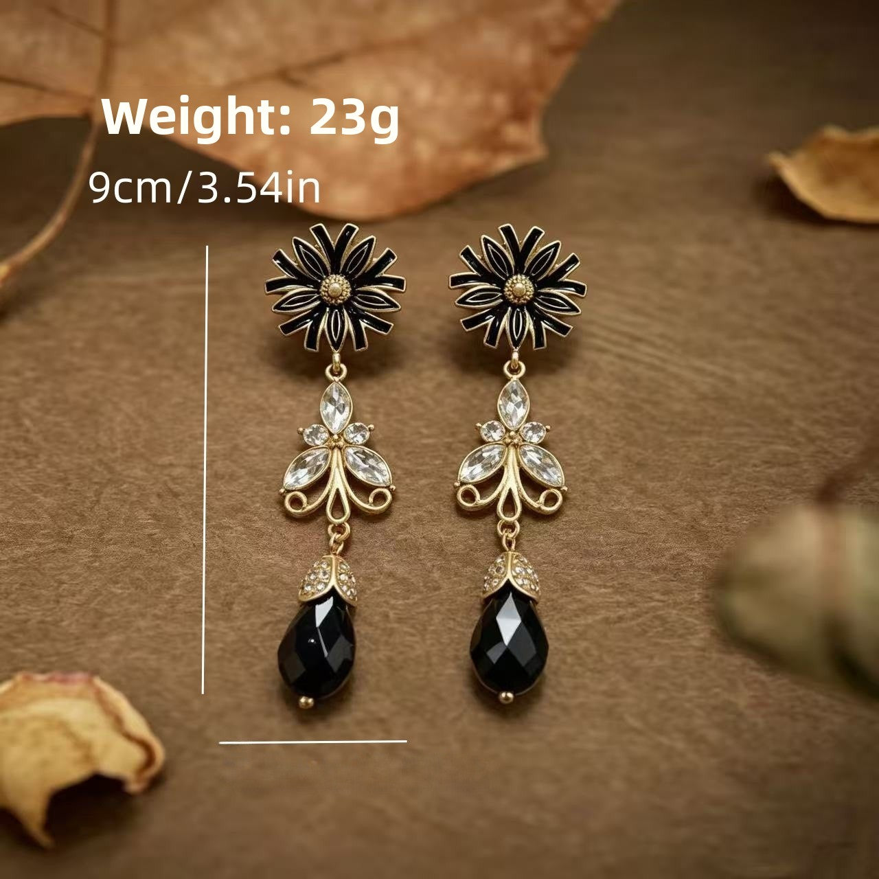 Unisex Flowers Earrings For Stud Featuring Dyed Black Zinc Alloy With Rhinestones And 925 Sterling Silver Ear Pins