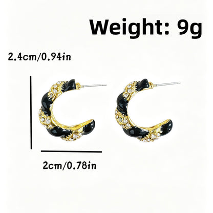 C Shape Unisex Stud Earrings With Enamel, Dyed Black Zinc Alloy, Rhinestones Inlay, 925 Sterling Silver Ear Pins