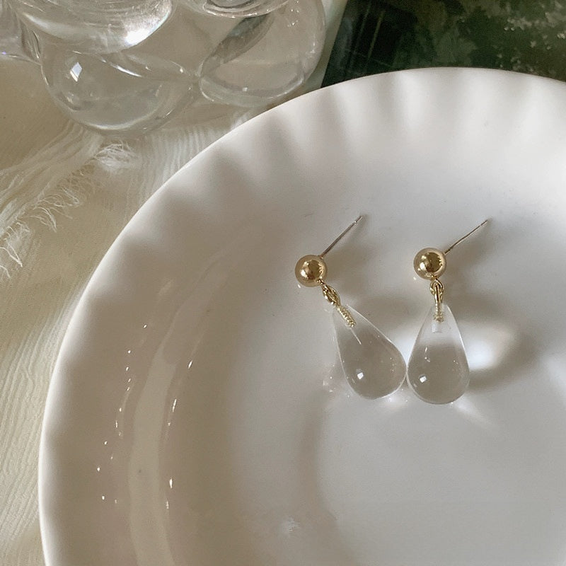 Elegant Transparent Water Droplets Clip Earrings For Women, Electroplated With 925 Sterling Silver Studs