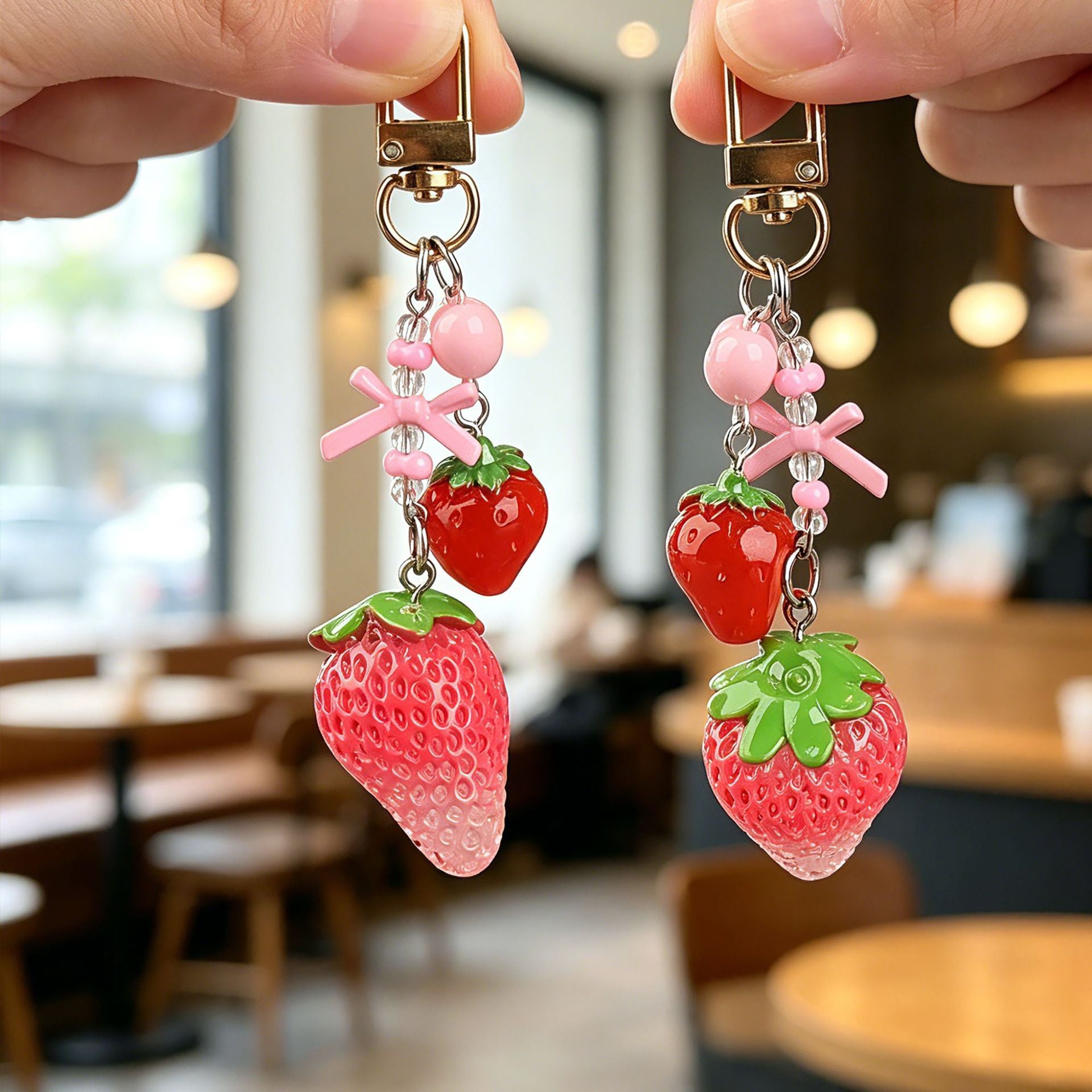Transparent Epoxy Strawberry Key Chain Made Of Resin Featuring A Cute Style