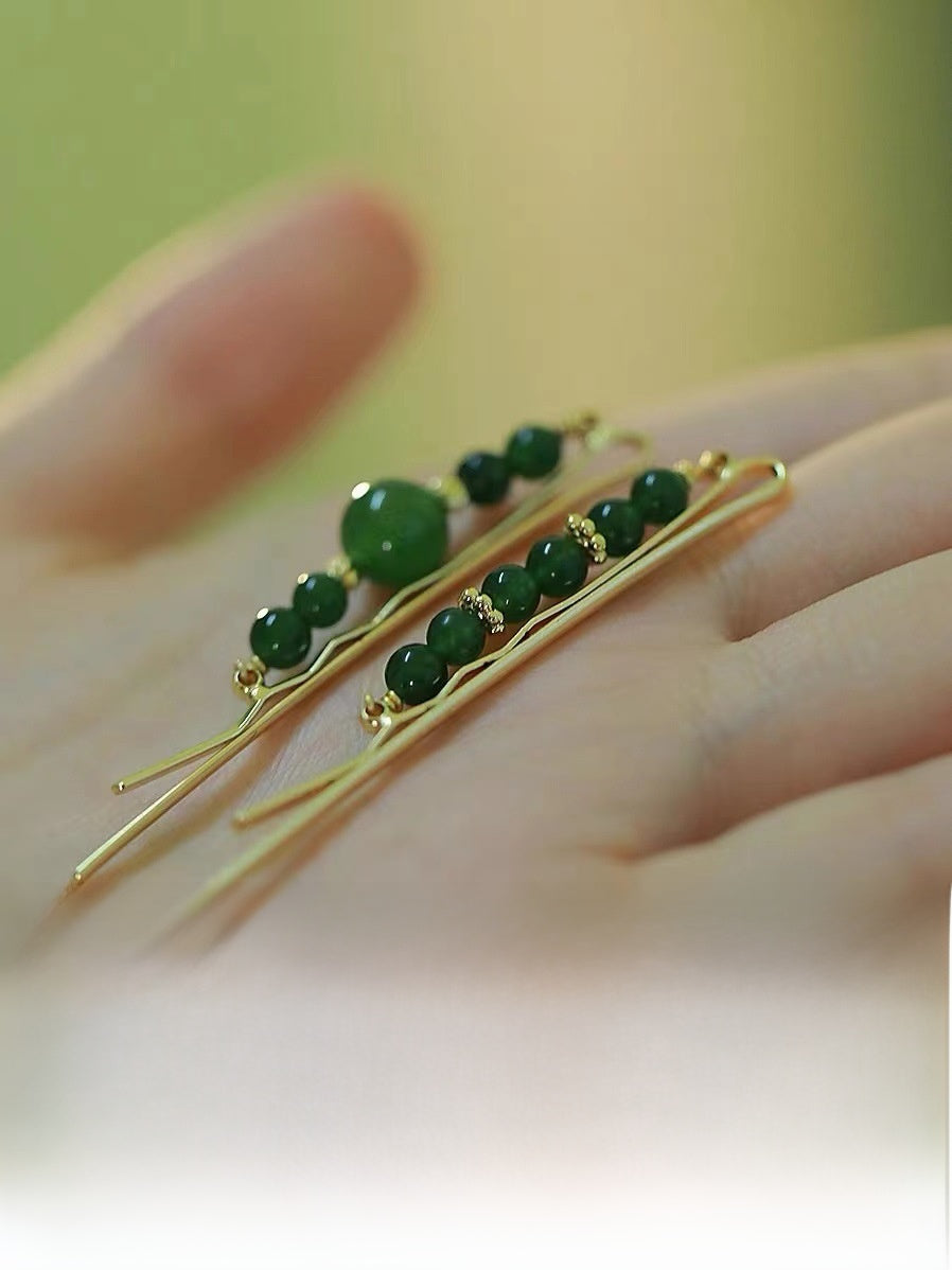 Sweet Green Water Droplets Earrings For Women, Electroplated Alloy With Natural Stone Inlay