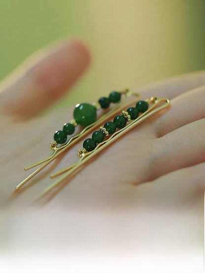 Sweet Green Water Droplets Earrings For Women, Electroplated Alloy With Natural Stone Inlay