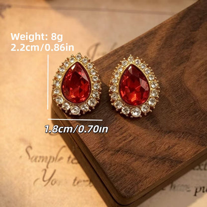 Elaborate Retro Water Droplets Stud Earrings For Unisex In Red Alloy With Rhinestones Inlay