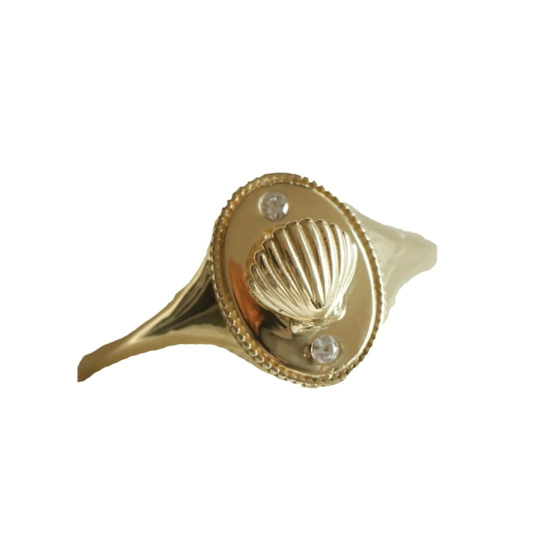 Vintage Style Shell Ring For Women In Copper With Zircon Inlay And Bezel Setting