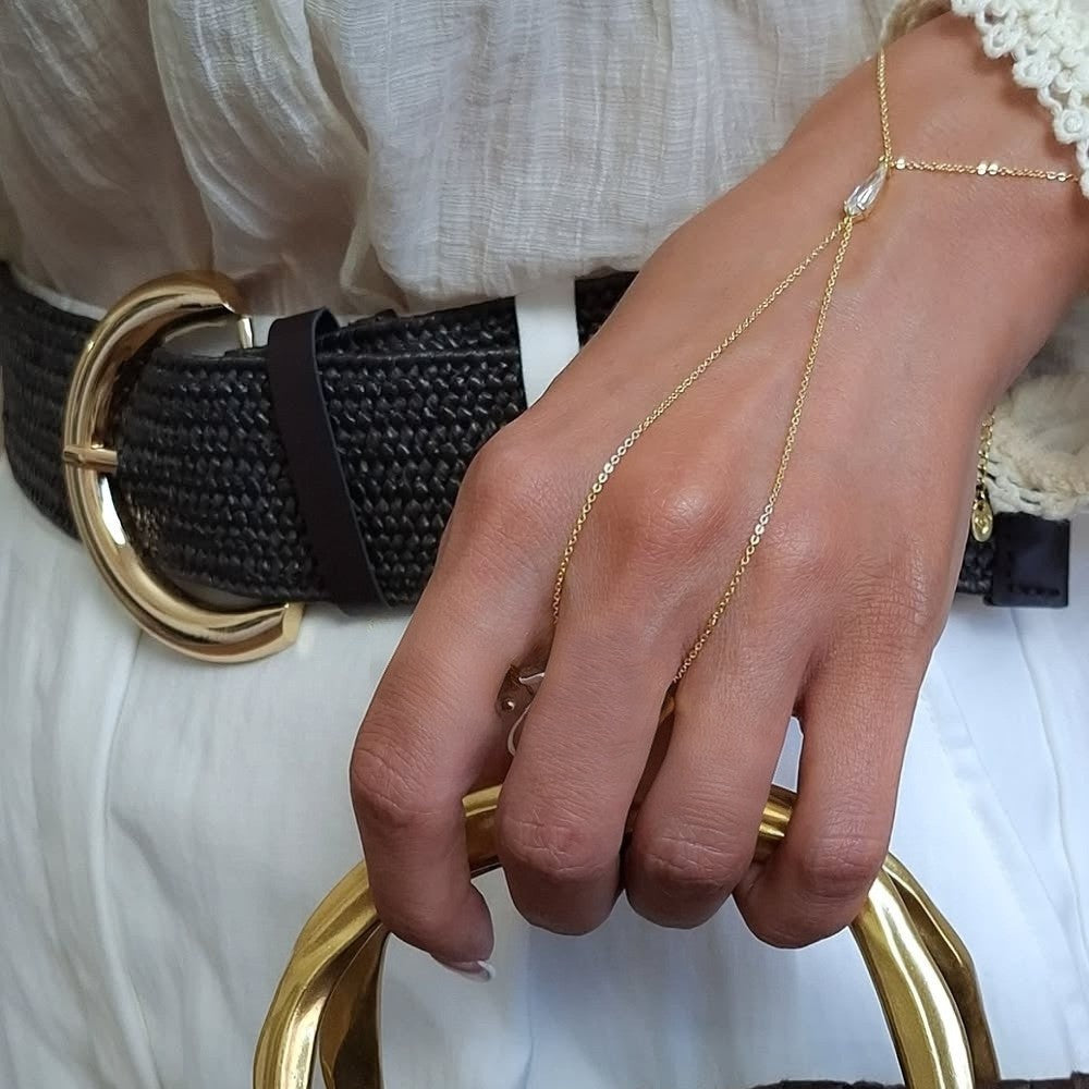 Water Droplets Hand Chain Bracelet In Copper With Electroplated Gold Plating, Ethnic Style For Women