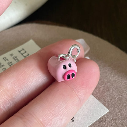 Cute Pig Pendant In 925 Sterling Silver With Natural Pink Enamel Finish