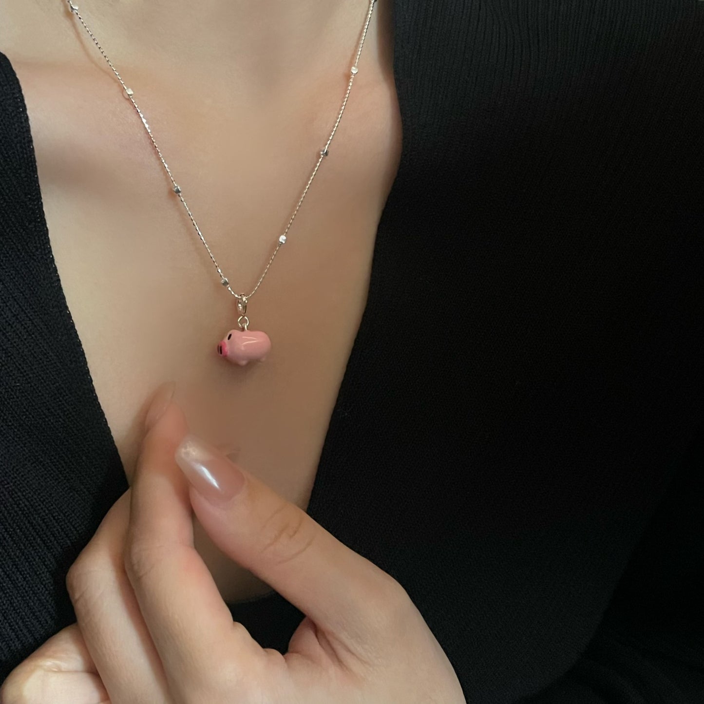 Cute Pig Pendant In 925 Sterling Silver With Natural Pink Enamel Finish