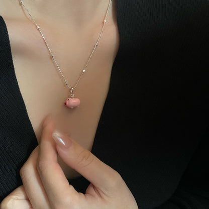Cute Pig Pendant In 925 Sterling Silver With Natural Pink Enamel Finish