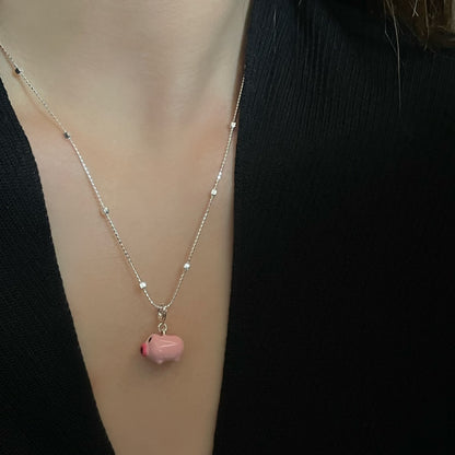 Cute Pig Pendant In 925 Sterling Silver With Natural Pink Enamel Finish