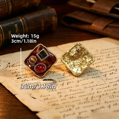 Square Enamel Stud Earrings For Unisex Featuring Maillard Style In Colour Alloy