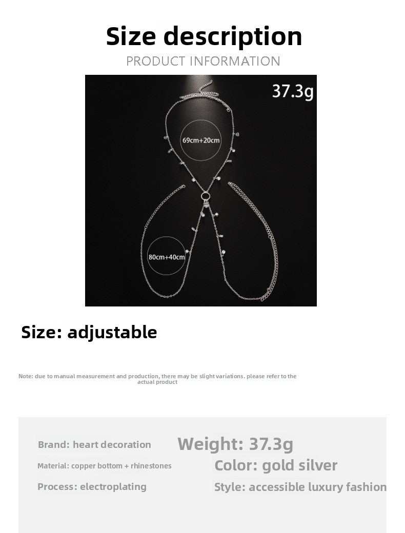 Silver Alloy Body Chain For Women With Water Droplets Pattern And Electroplated Finish, Featuring Zircon Inlay