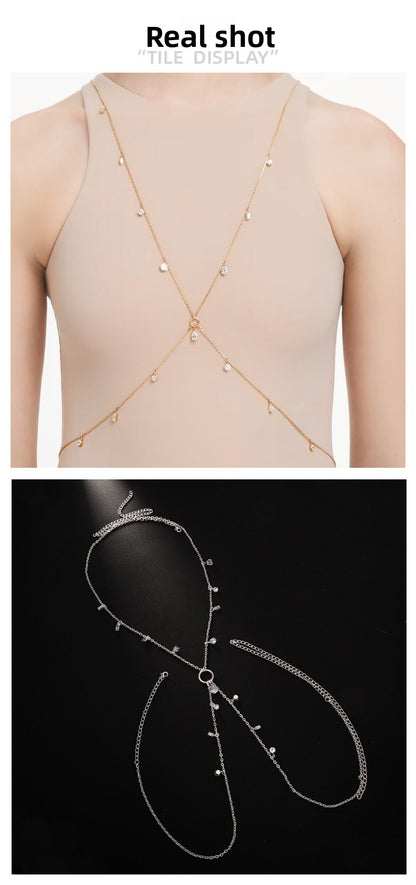 Silver Alloy Body Chain For Women With Water Droplets Pattern And Electroplated Finish, Featuring Zircon Inlay
