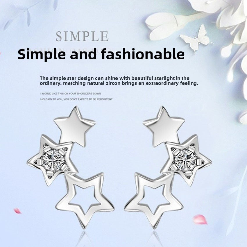 Pentagram Stud Earrings Silver Plated Alloy With Zircon Inlay And 304 Stainless Steel Posts