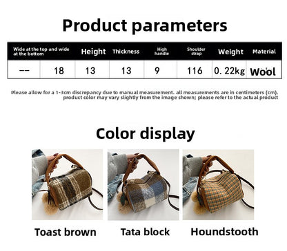 Women’s Houndstooth Woolen Pillow Shape Bag With Sewing Thread Detail And Single Shoulder Strap
