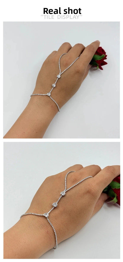 Heart Shape Hand Chain Bracelet For Women In Silver Alloy With Rhinestones, Featuring Electroplated Finish