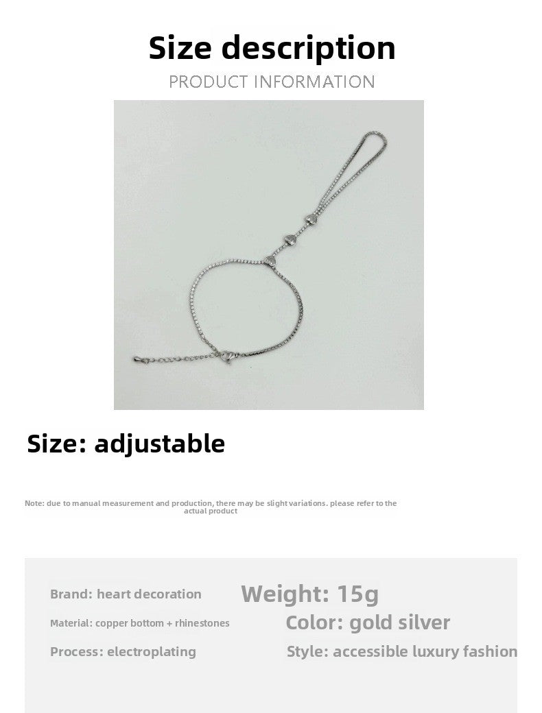Heart Shape Hand Chain Bracelet For Women In Silver Alloy With Rhinestones, Featuring Electroplated Finish