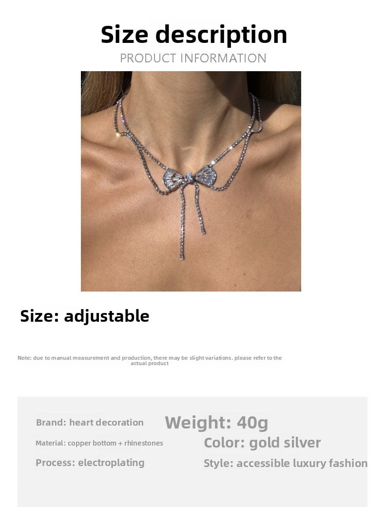 Silver Tassel Bow Tie Layered Necklace For Women Featuring Rhinestone Pendant In Alloy