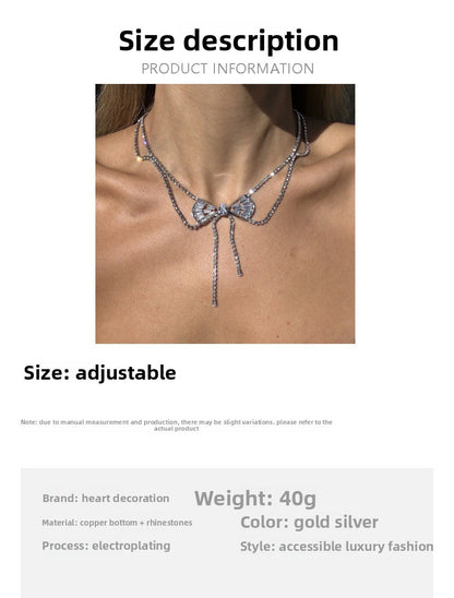 Silver Tassel Bow Tie Layered Necklace For Women Featuring Rhinestone Pendant In Alloy