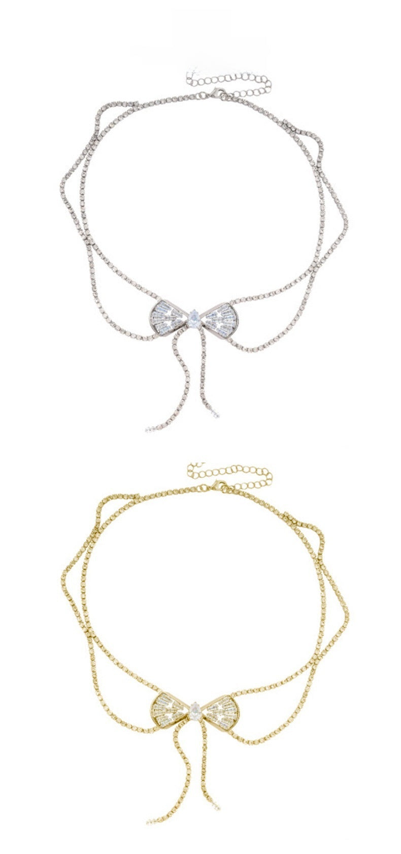 Silver Tassel Bow Tie Layered Necklace For Women Featuring Rhinestone Pendant In Alloy