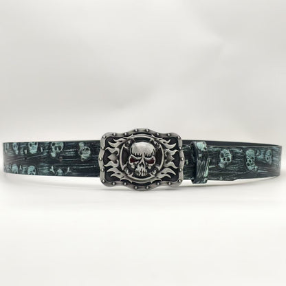 Unisex Punk Skull Belt With Smooth Zinc Alloy Buckle In Embossed PU Leather