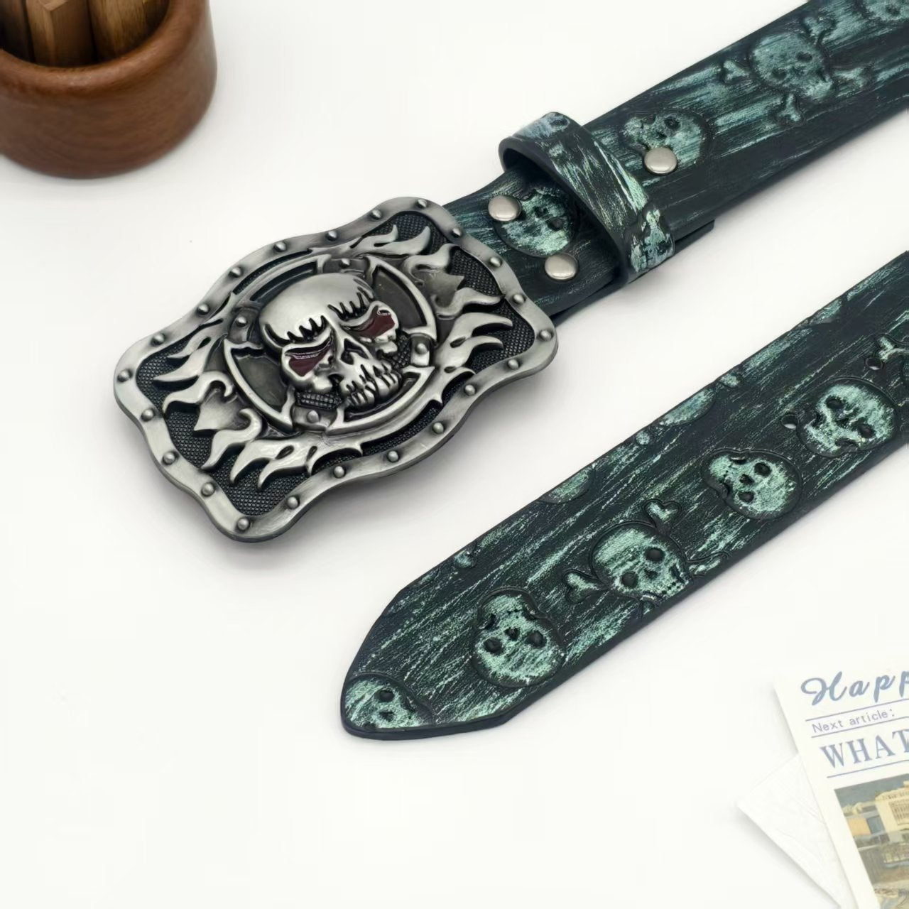 Unisex Punk Skull Belt With Smooth Zinc Alloy Buckle In Embossed PU Leather