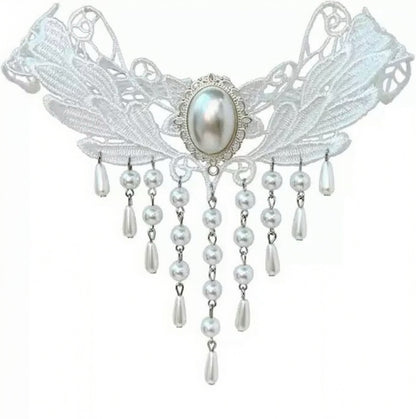 Vintage Style White Flowers Tassel Necklace For Women With Resin Pendant In Alloy Material
