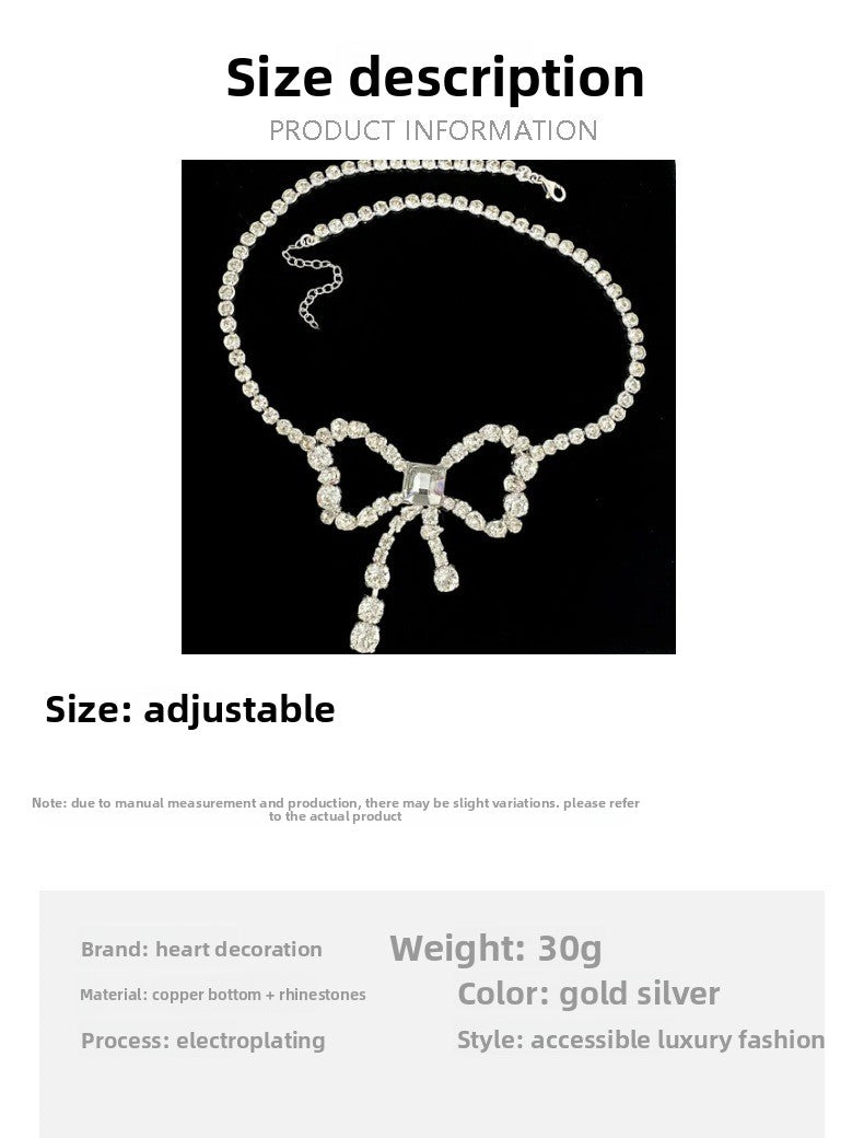 Silver Alloy Bow Tie Choker Necklace With Tassel, Electroplated Finish And Rhinestone Pendant For Women