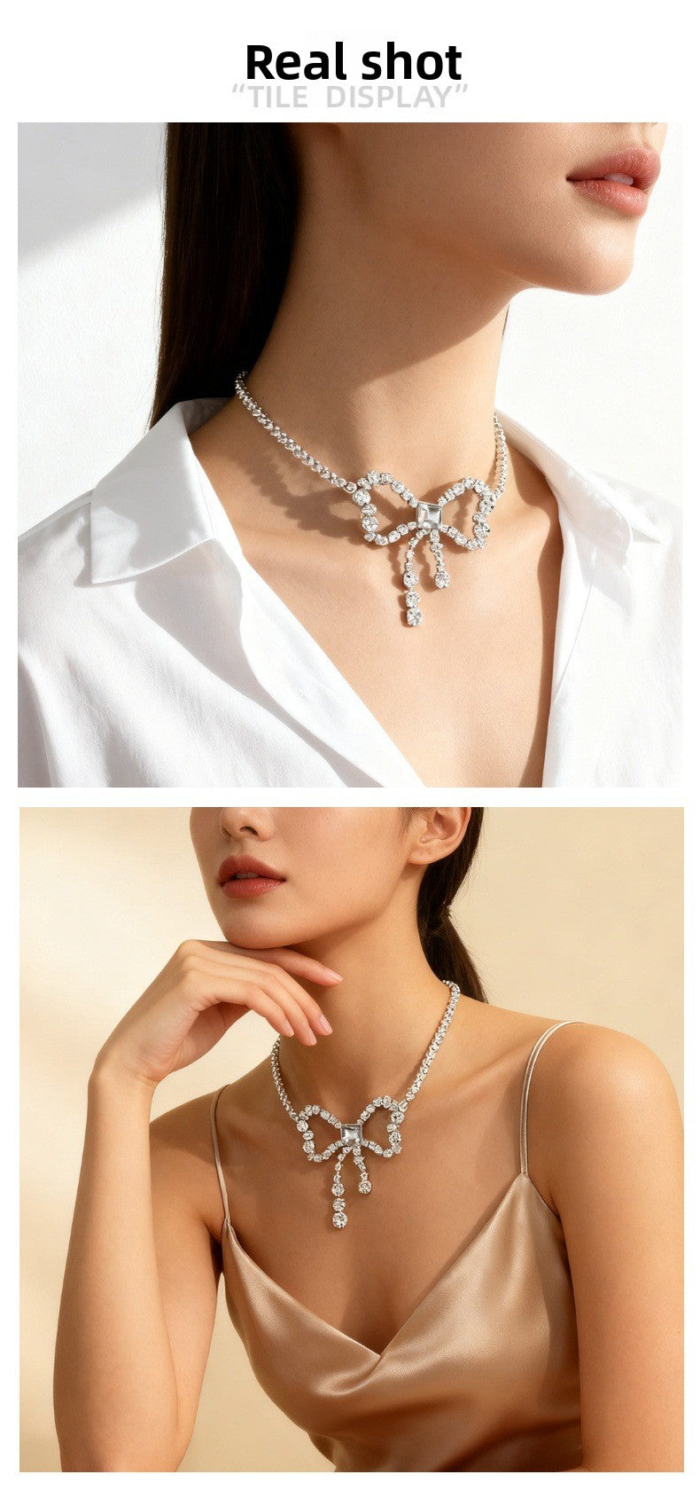 Silver Alloy Bow Tie Choker Necklace With Tassel, Electroplated Finish And Rhinestone Pendant For Women