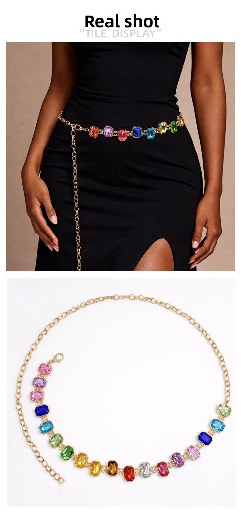 Exaggerated Silver Waist Chain For Women Featuring Geometric Pattern And Electroplated Metal With Rhinestones Inlay